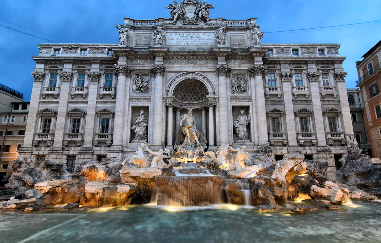 Фото обои вода, огни, вечер, фонтан, скульптура, италия, рим, Треви