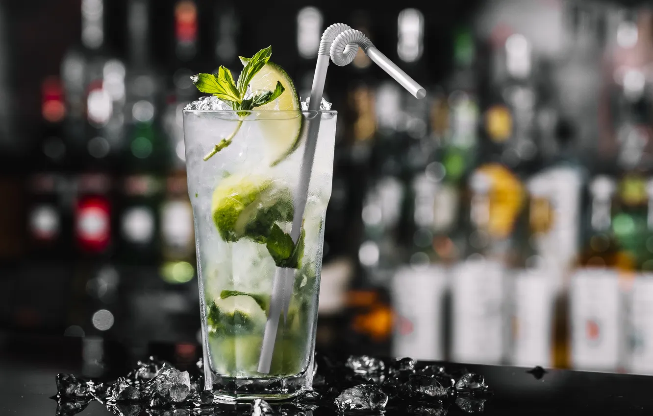 Фото обои ice, mojito, cocktail, lime, mint, side view, rum