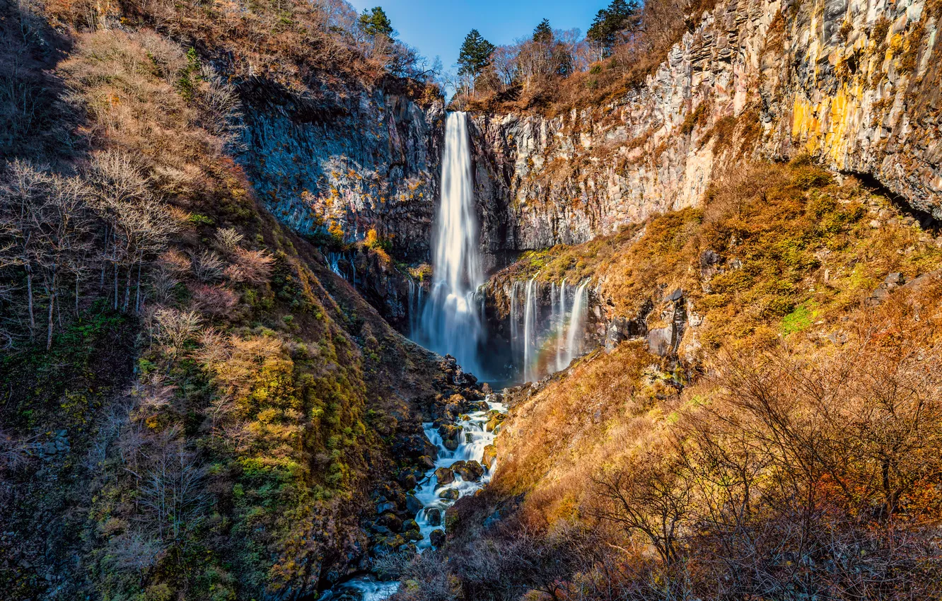 Фото обои скалы, водопад, речка