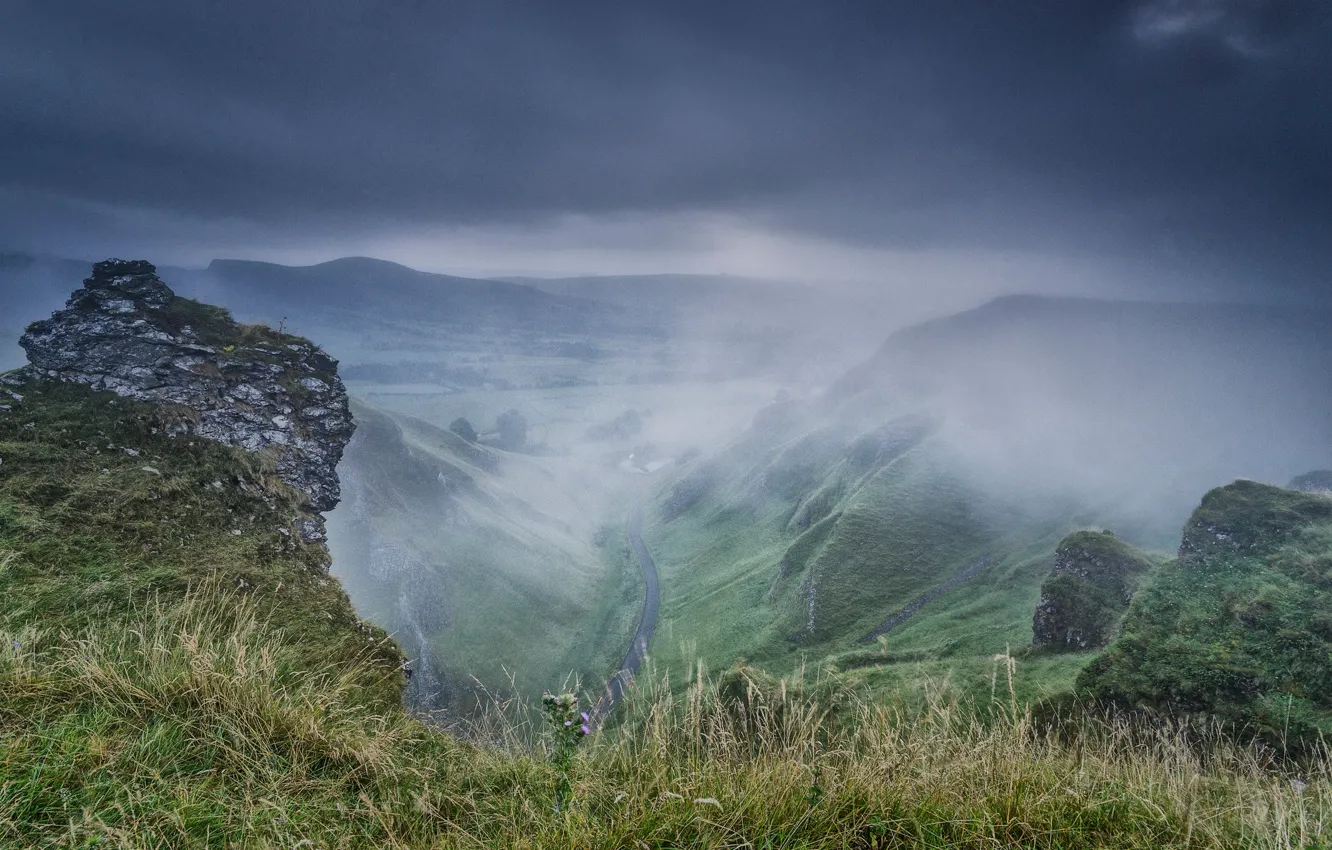 Фото обои горы, туман, камни, скалы, Англия, долина