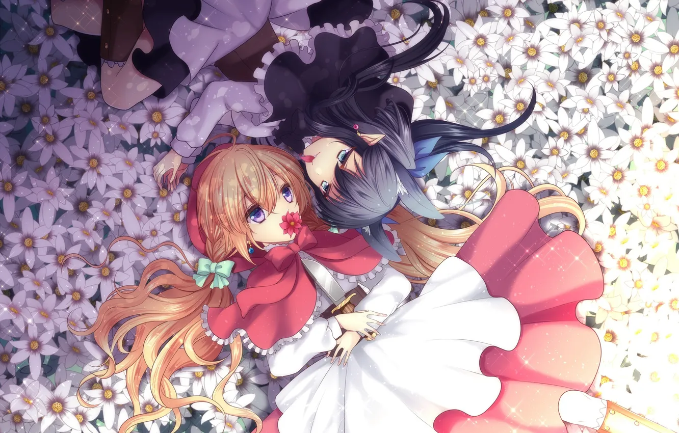 Фото обои цветы, девушки, аниме, лепестки, арт, лежат, agekichi, heart shape