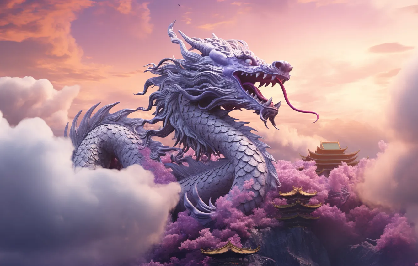 Фото обои облака, дракон, мистика, сакура, храм, clouds, sakura, dragon