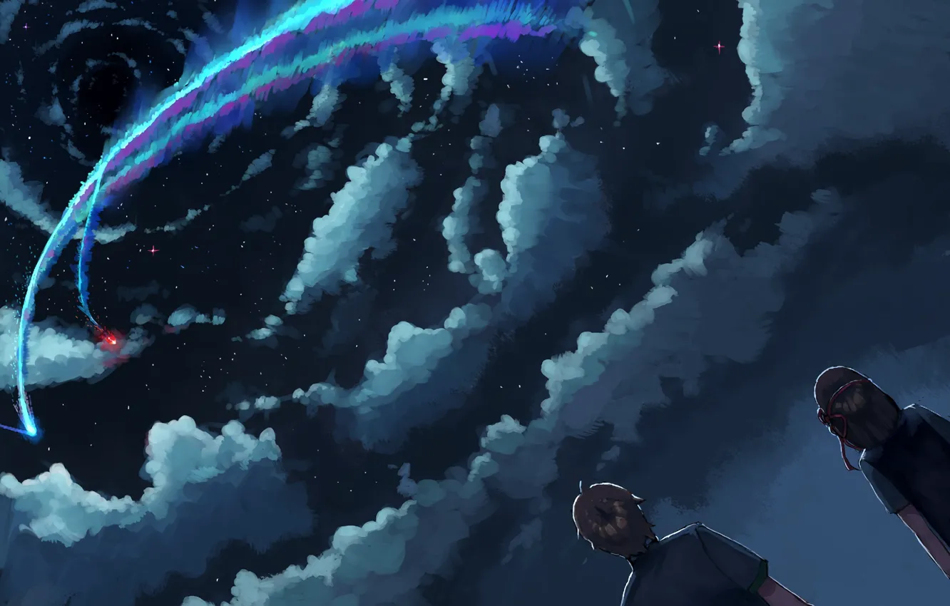Фото обои небо, облака, арт, комета, силуэты, Kimi no Na wa