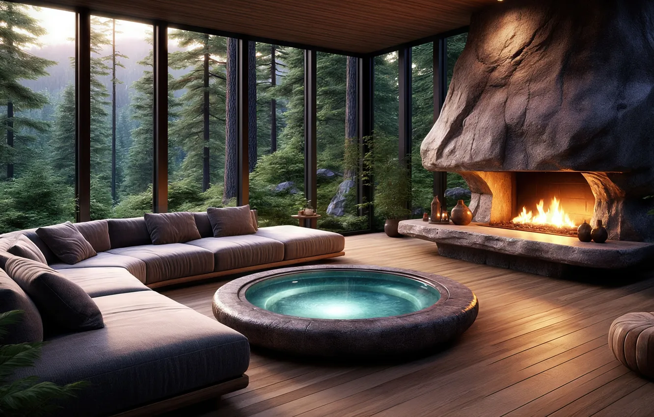 Фото обои stone, windows, panoramic, fire, fireplace