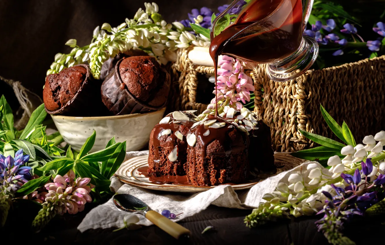 Фото обои цветы, шоколад, выпечка, ваниль, кексы
