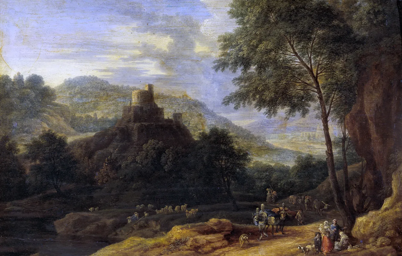 Фото обои деревья, река, холмы, башня, картина, Адриан Франс Будевинс, Пейзаж с Пастухами