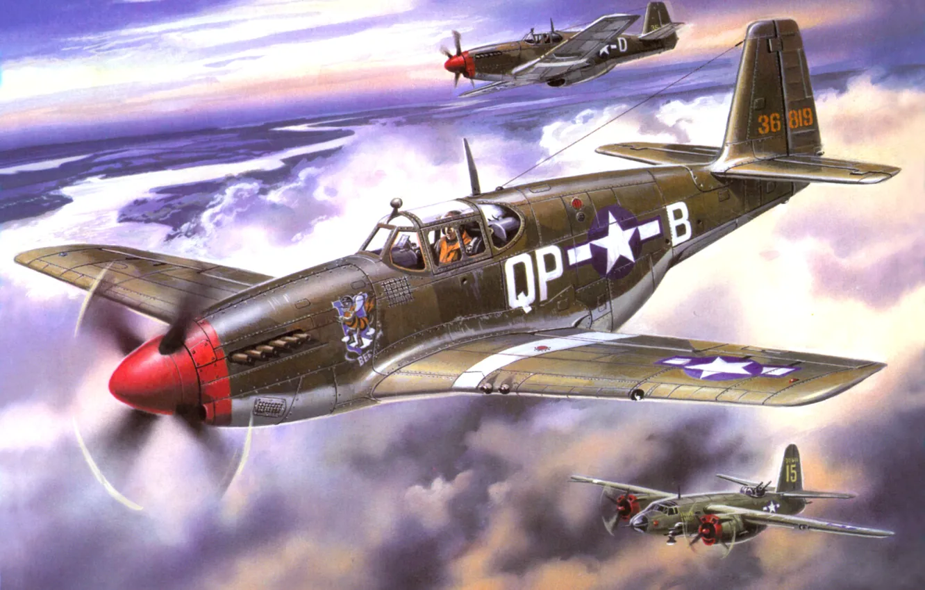 Фото обои небо, рисунок, легкий, Mustang, арт, истребители, бомбардировщик, самолёт