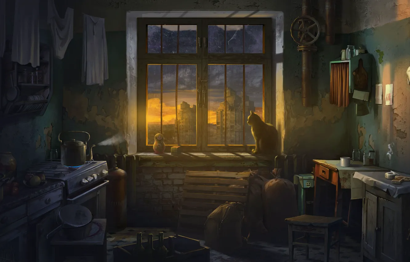 Фото обои кот, чайник, окно, квартира, матрешка, ATOM RPG