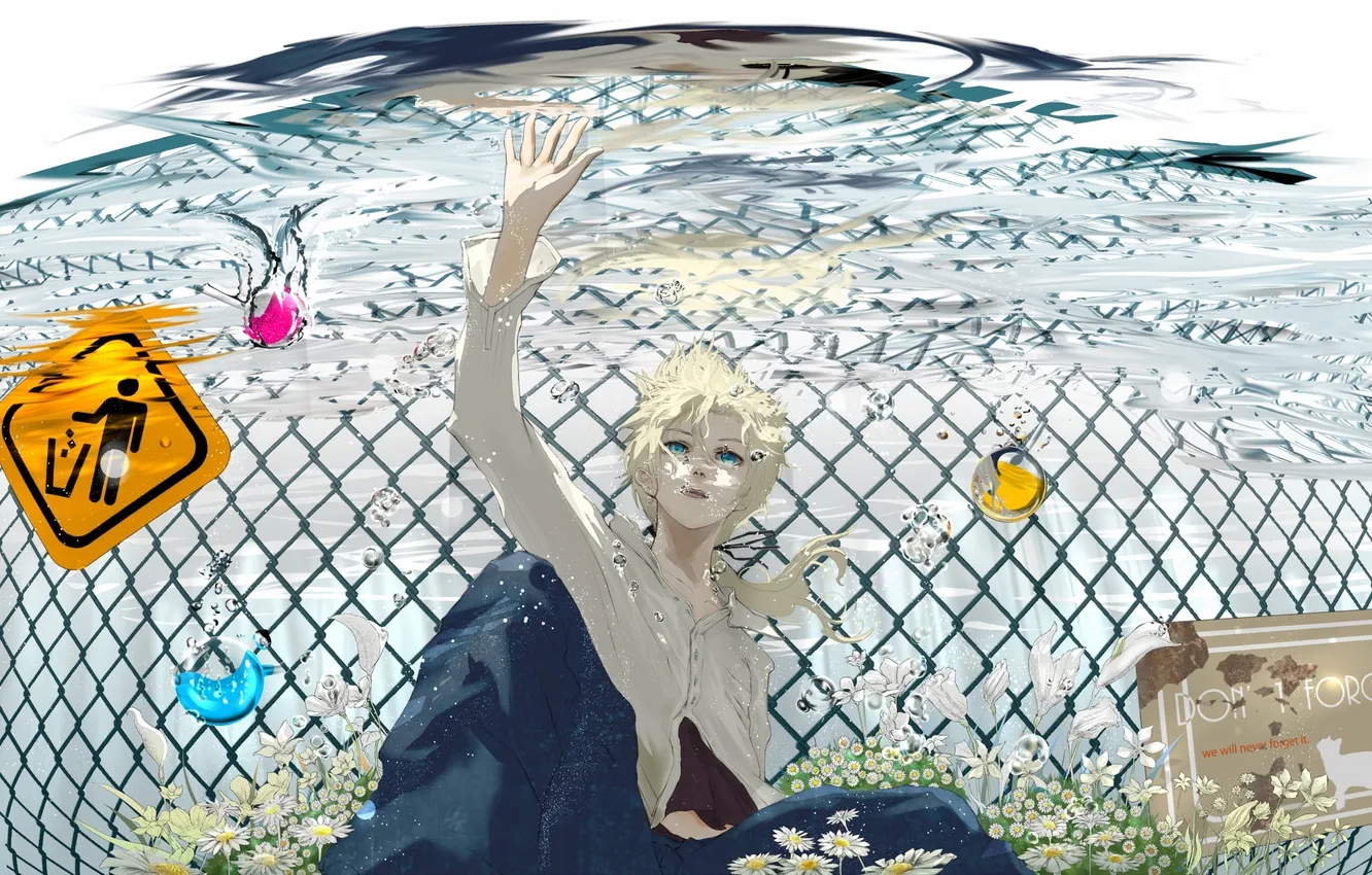 Фото обои пузыри, аниме, знаки, арт, парень, vocaloid, под водой, kagamine len