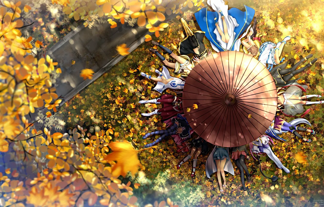 Фото обои осень, зонтик, аниме, ножки, герои, листопад, Spring umbrella