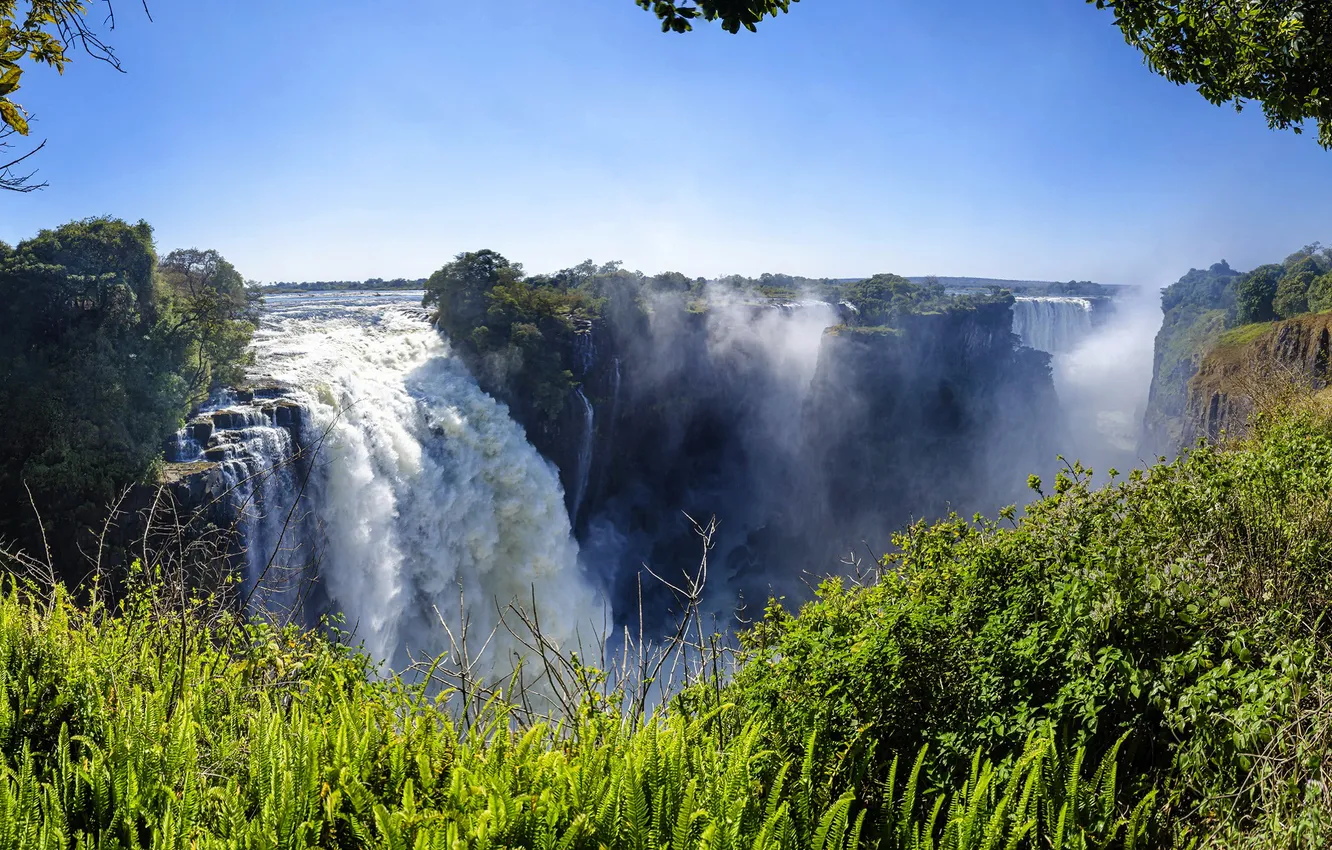 Фото обои зелень, скалы, Водопад, Африка, Victoria Falls, Zimbabwe, бурный поток