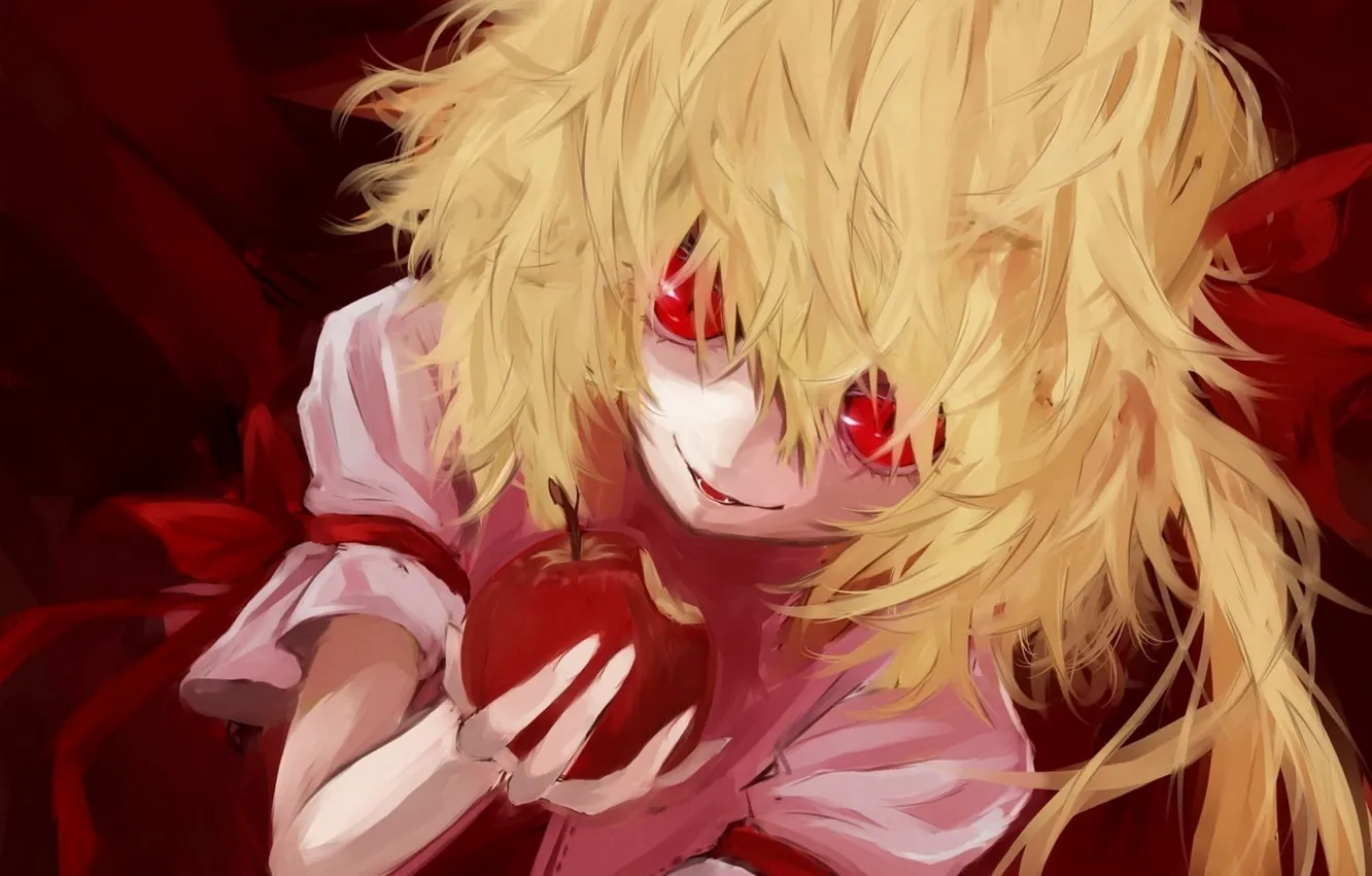 Фото обои яблоко, укус, красные глаза, безумие, Touhou, вампирша, Remilia Scarlet, адская ухмылка