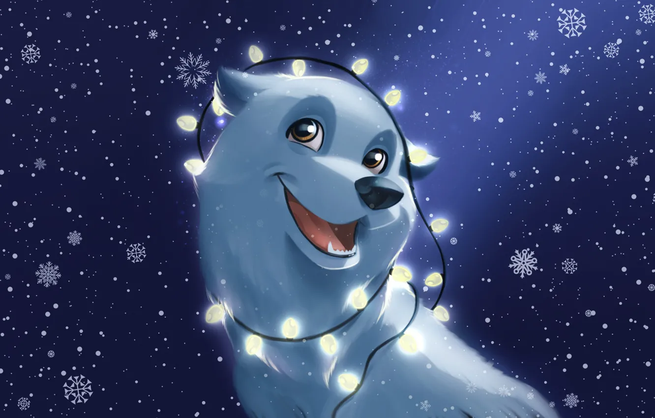 Фото обои Зима, Собака, Снег, Рождество, Снежинки, Фон, Новый год, Праздник