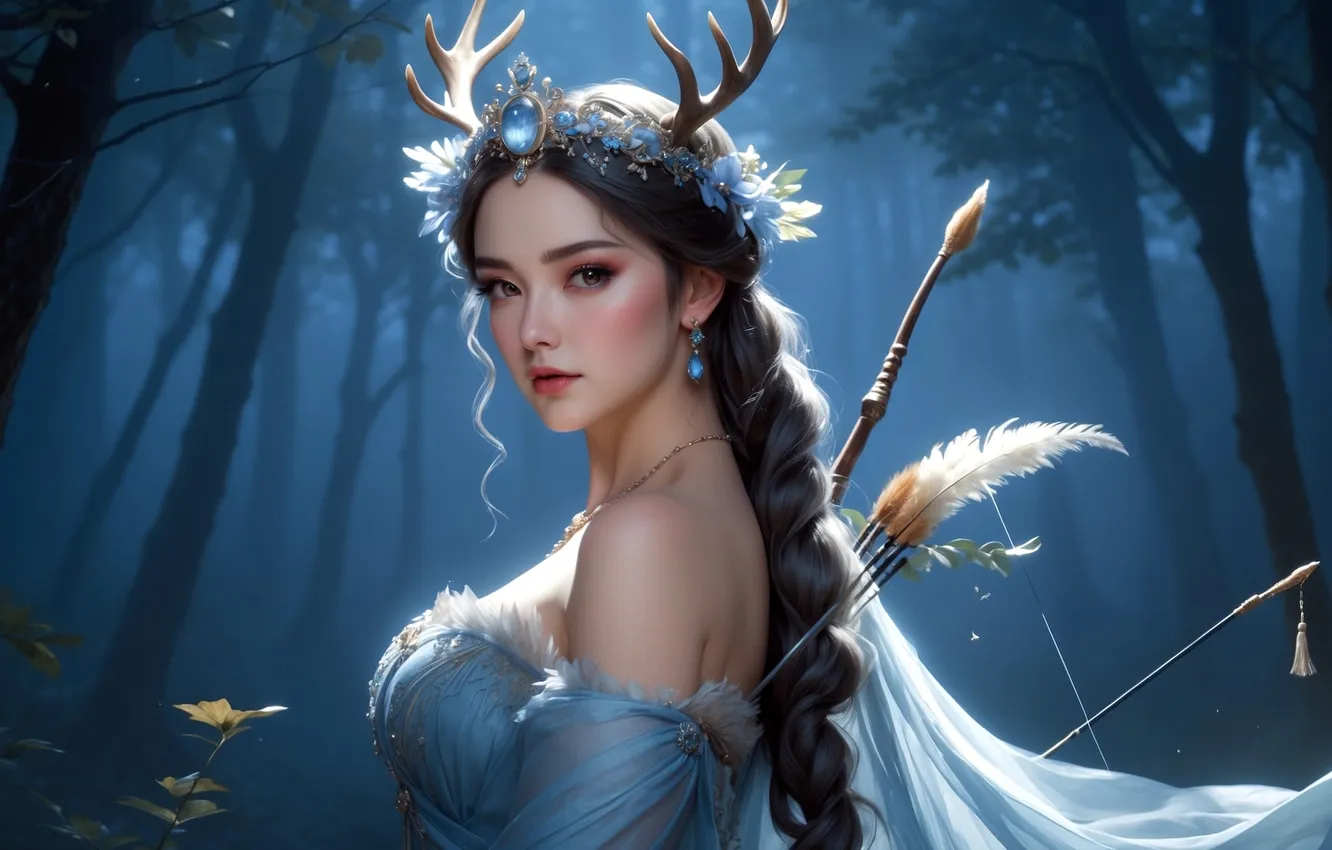Фото обои girl, fantasy, forest, horns, dress, trees, blue eyes, braid