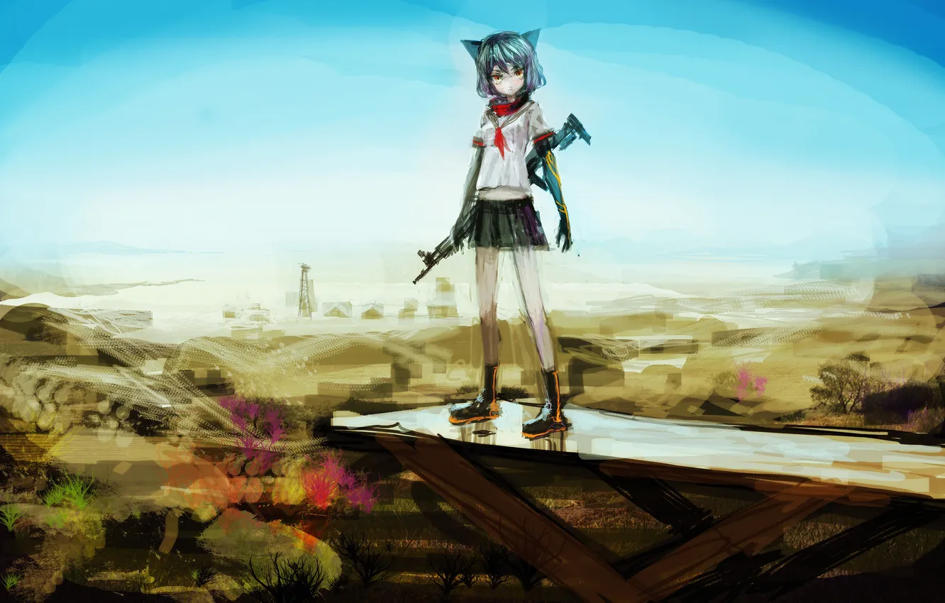 Фото обои небо, девушка, пейзаж, оружие, башня, аниме, арт, ушки