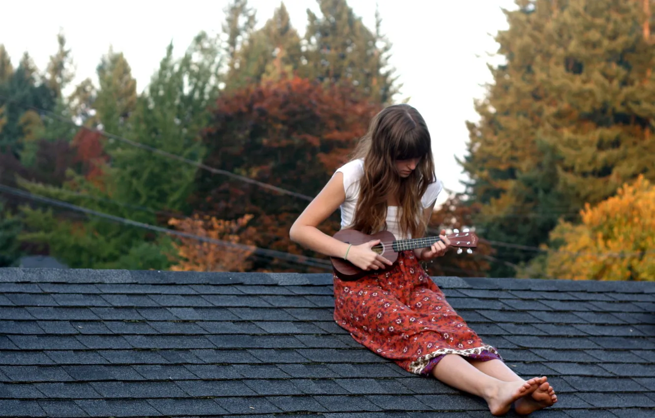 Фото обои крыша, девушка, музыка, гитара