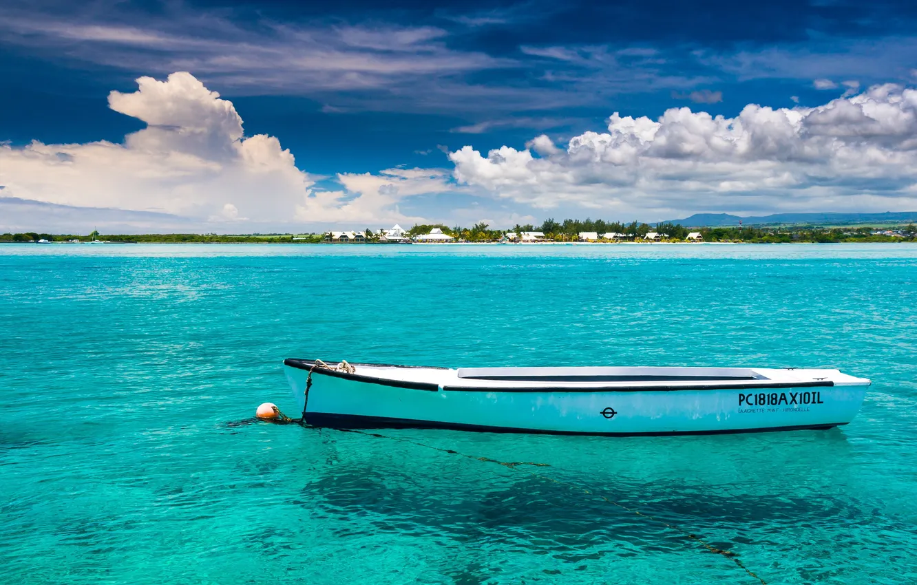 Фото обои небо, облака, лодка, остров, Океан, Маврикий