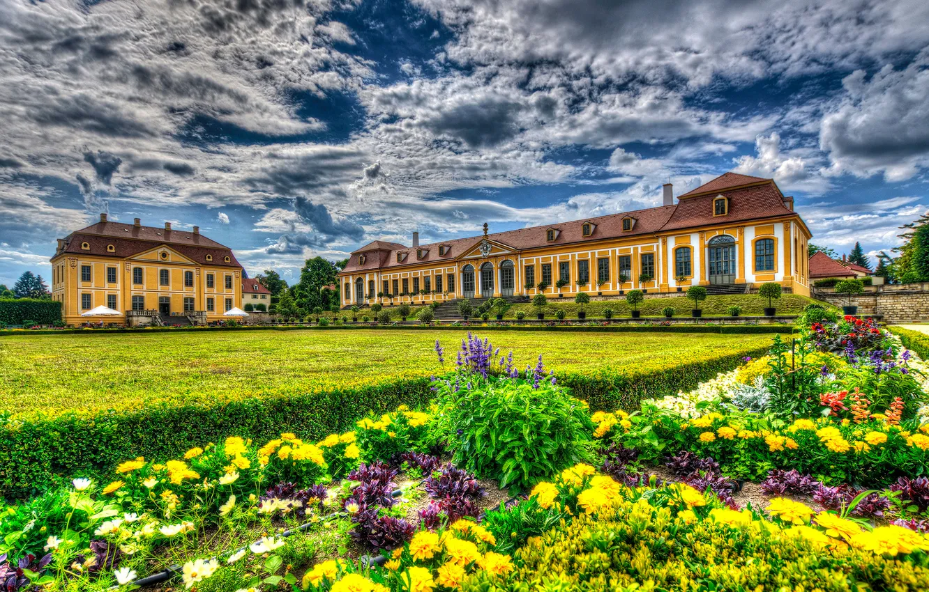 Фото обои небо, облака, цветы, природа, здание, HDR, Germany, Barockgarten