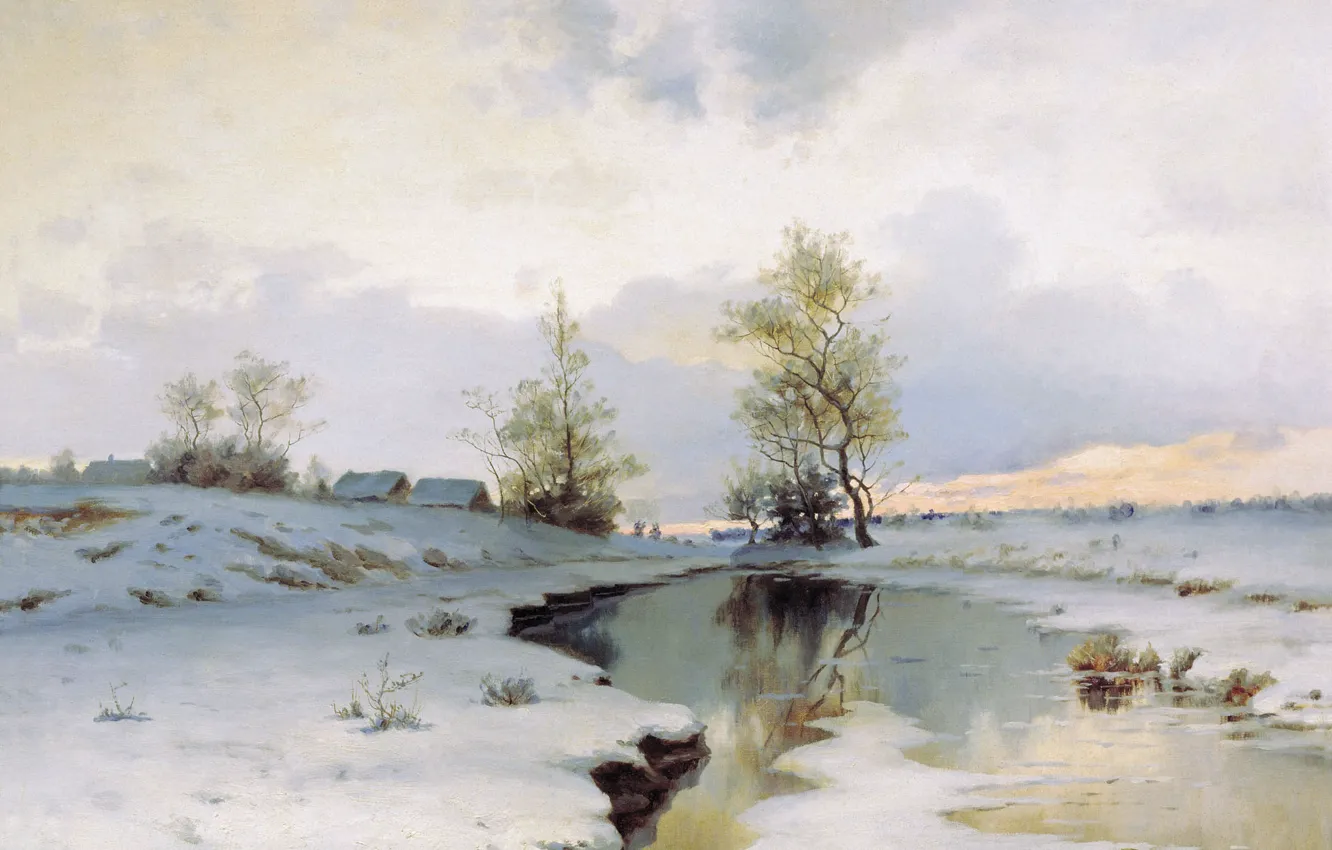 Фото обои снег, река, масло, Холст, Иван ЕНДОГУРОВ, Начало весны