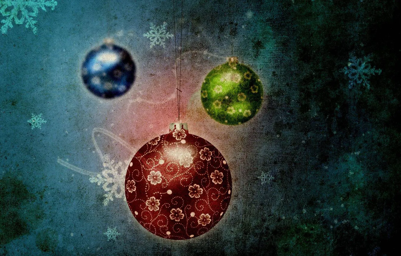 Фото обои снежинки, синий, красный, шары, зелёный, празник
