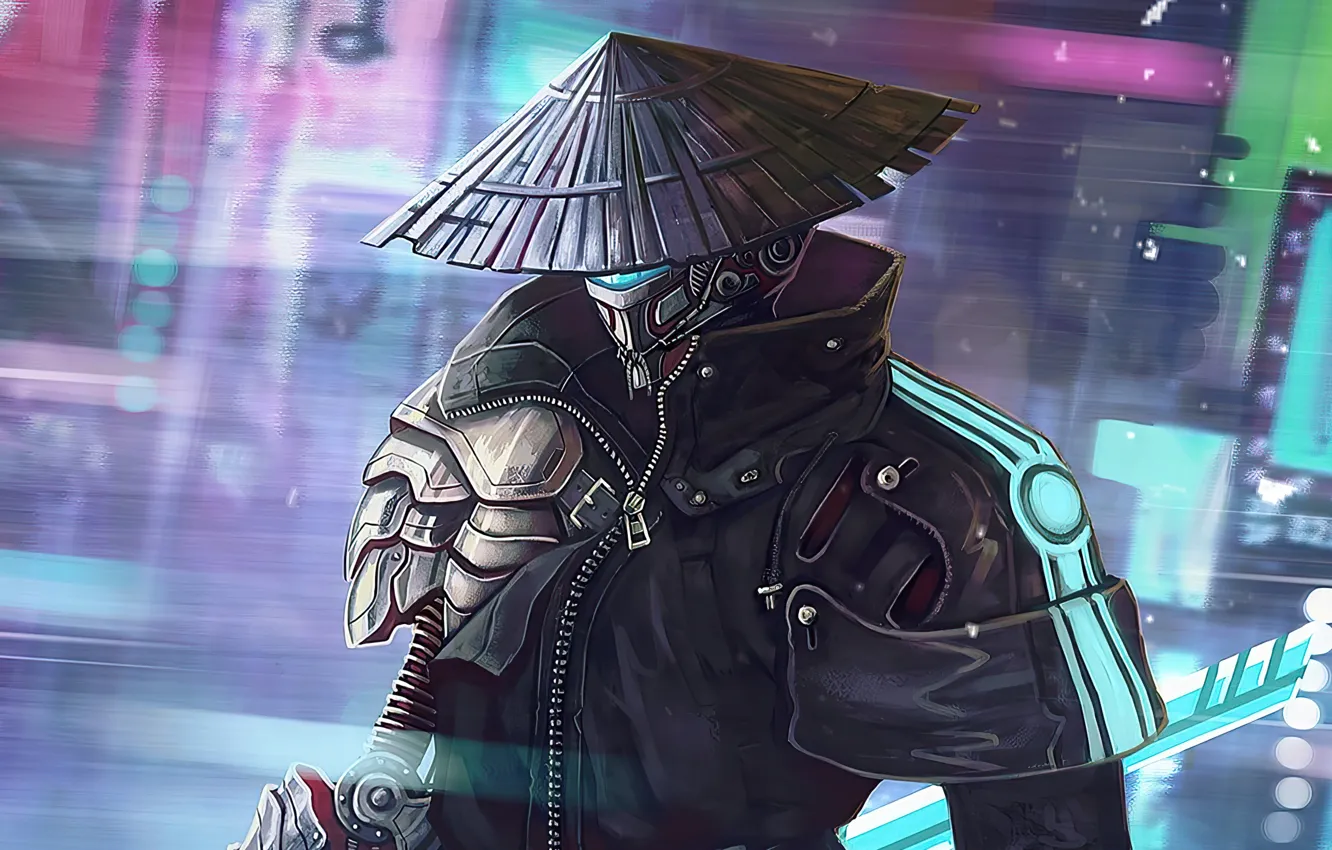 Фото обои Warrior, Samurai, Sci Fi, Cyberpunk
