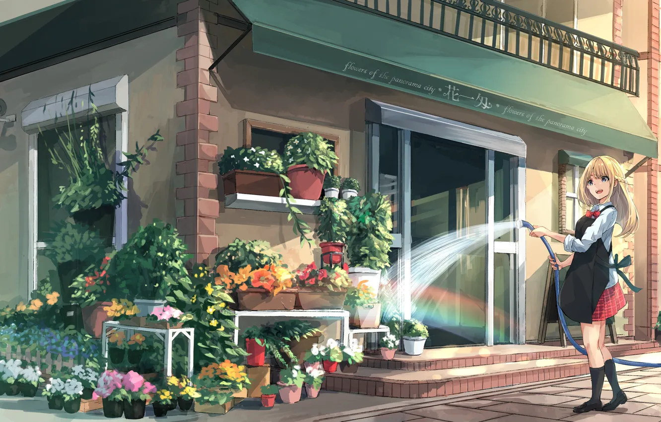 Фото обои вода, девушка, цветы, город, арт, магазин, шланг, фартук