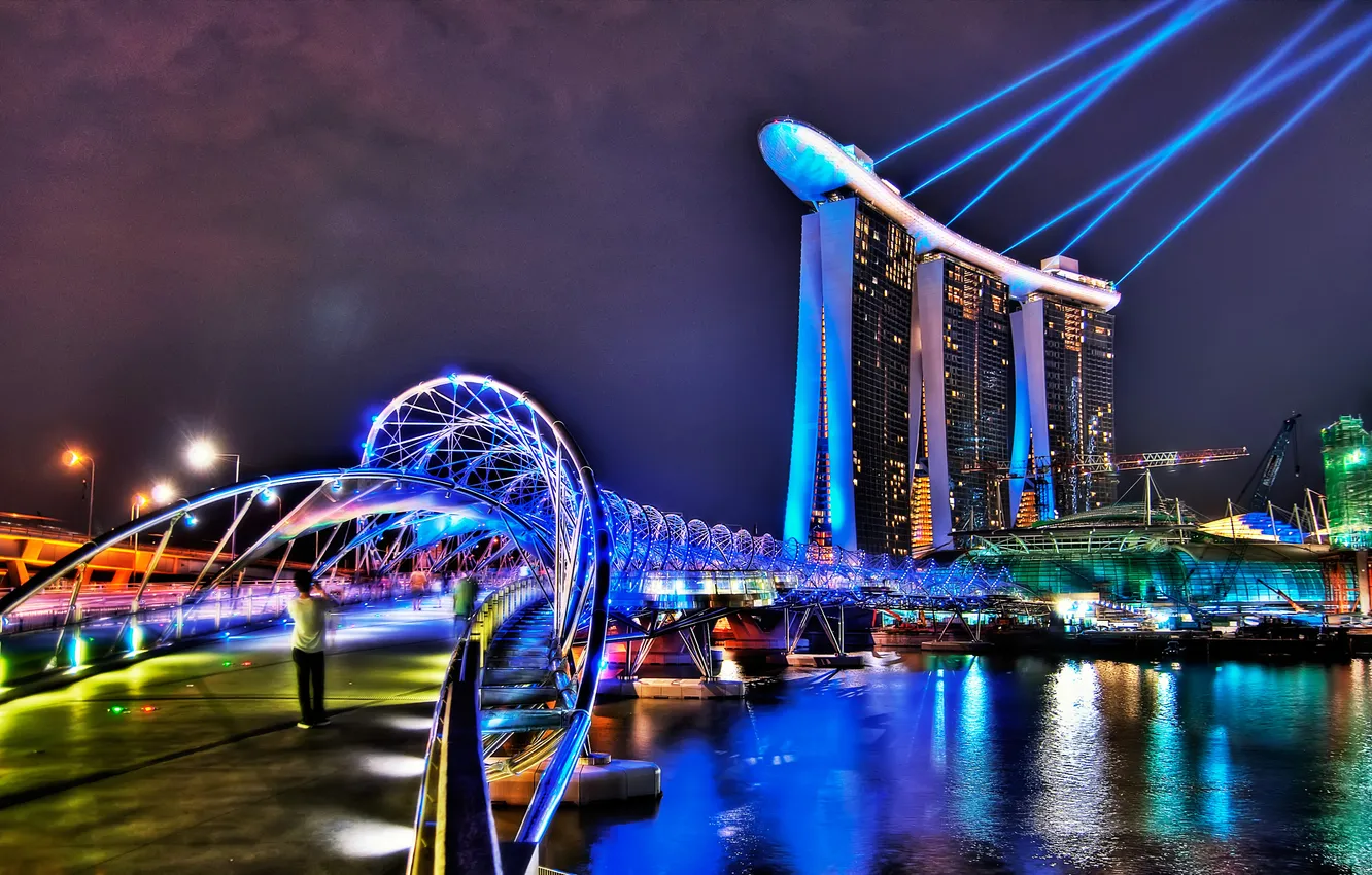 Фото обои мост, city, здания, отель, освещение., hotel Сингапур, Singapor, лазери