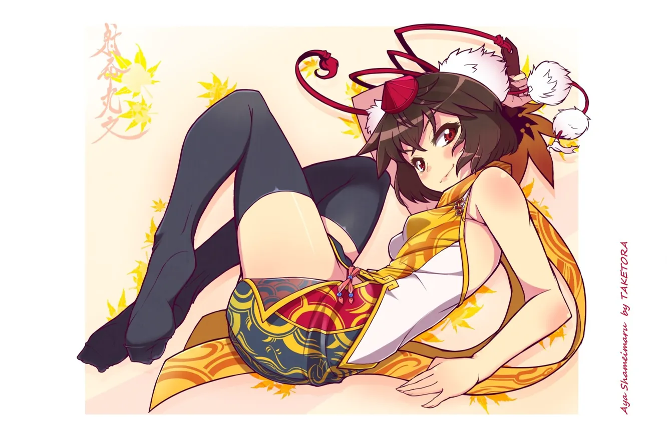 Фото обои иероглифы, Aya Shameimaru, кленовые листья, черные чулки, Touhou Project, бомбошки, Проект Восток, тенге