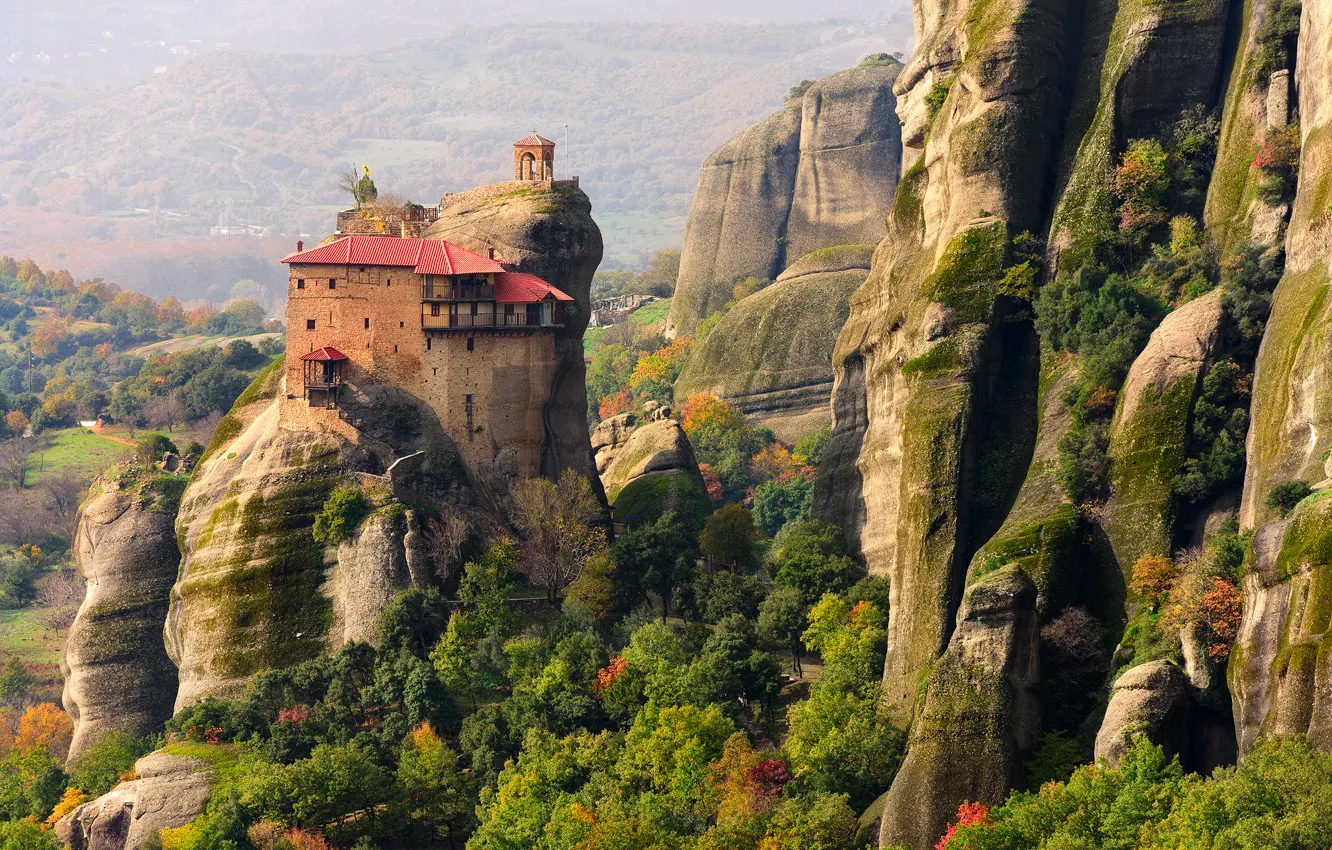 Фото обои осень, скалы, Греция, Метеоры, Μετεωρα, монастырский комплекс