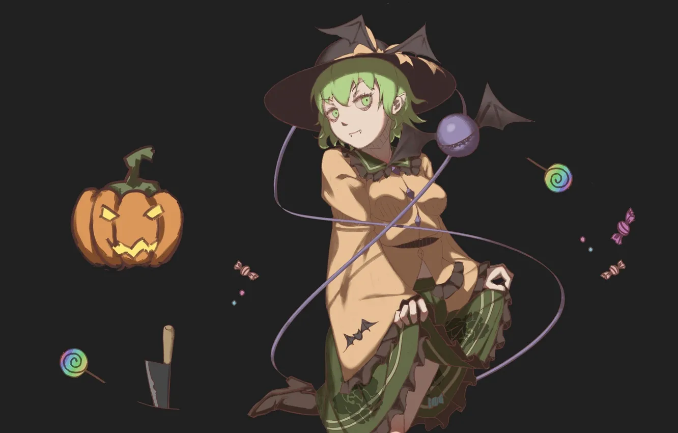 Фото обои темный фон, нож, halloween, зеленые волосы, черная магия, проект Восток, Komeiji Koishi, крылья летучей мыши