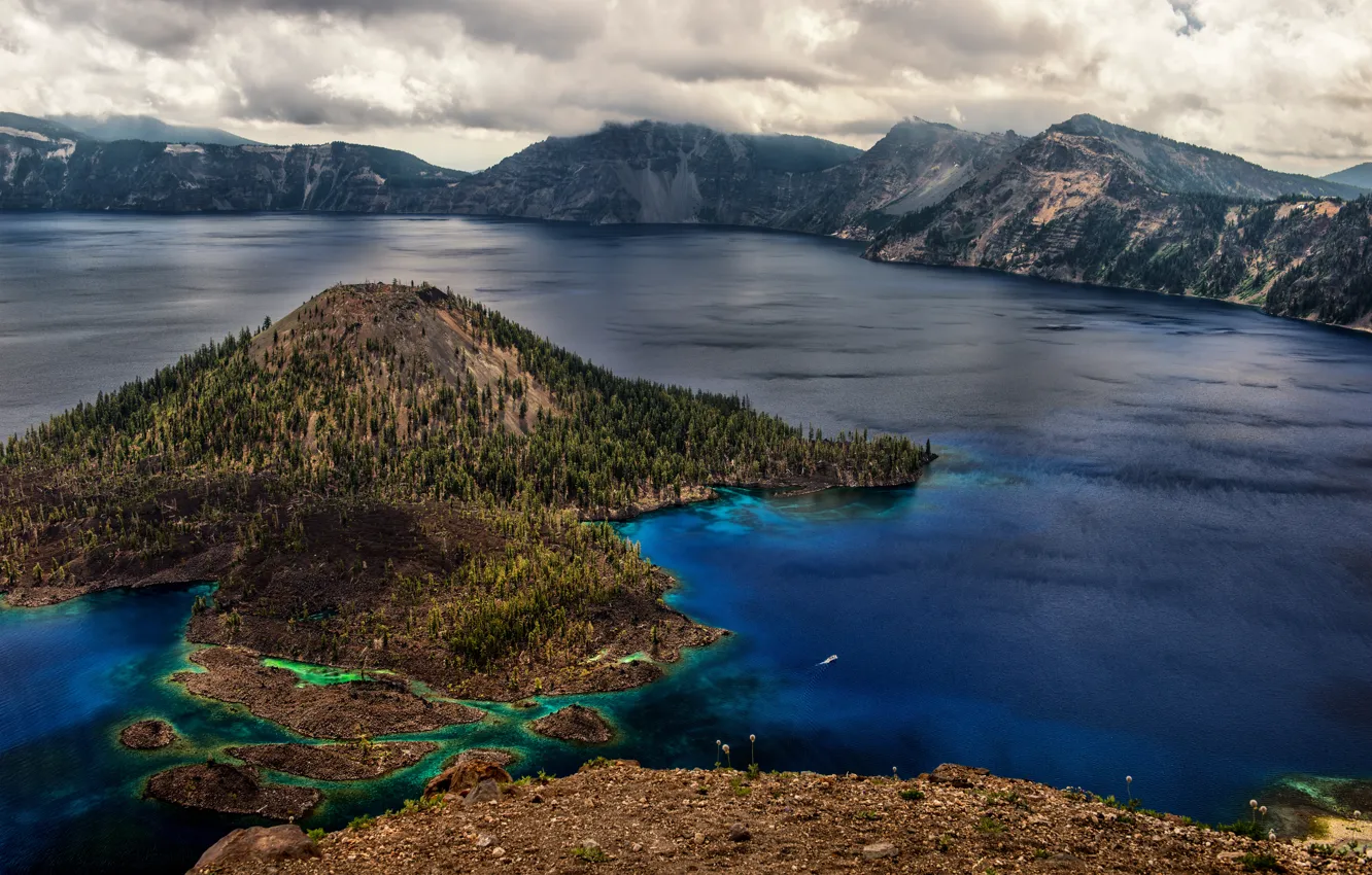 Фото обои облака, озеро, остров, США, кратер, Oregon, Crater Lake National Park
