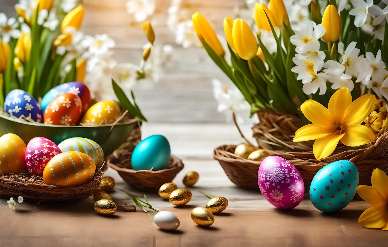 Фото обои цветы, яйца, весна, colorful, Пасха, happy, flowers, spring