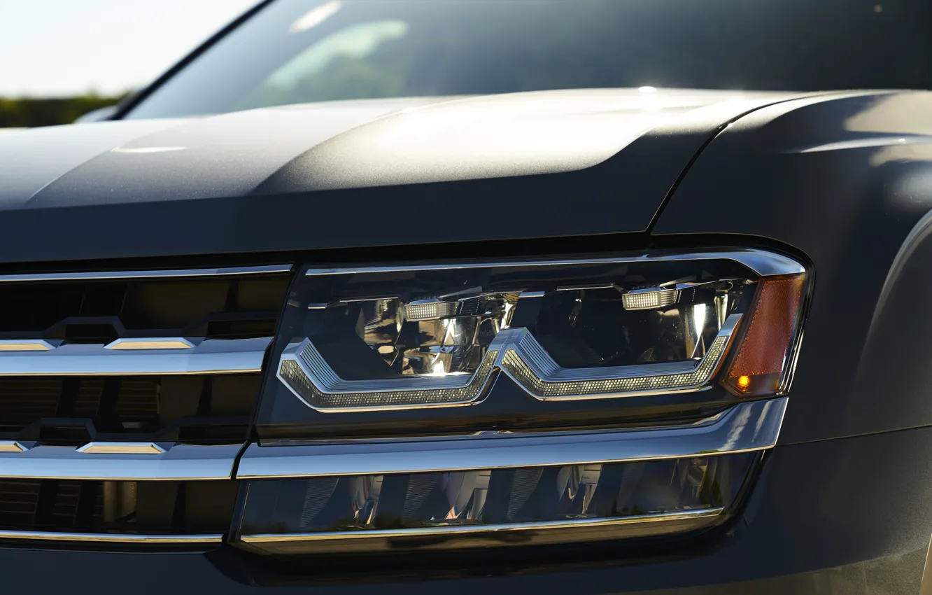 Фото обои фара, капот, Volkswagen, решётка, Atlas, 2017, тёмно-серый