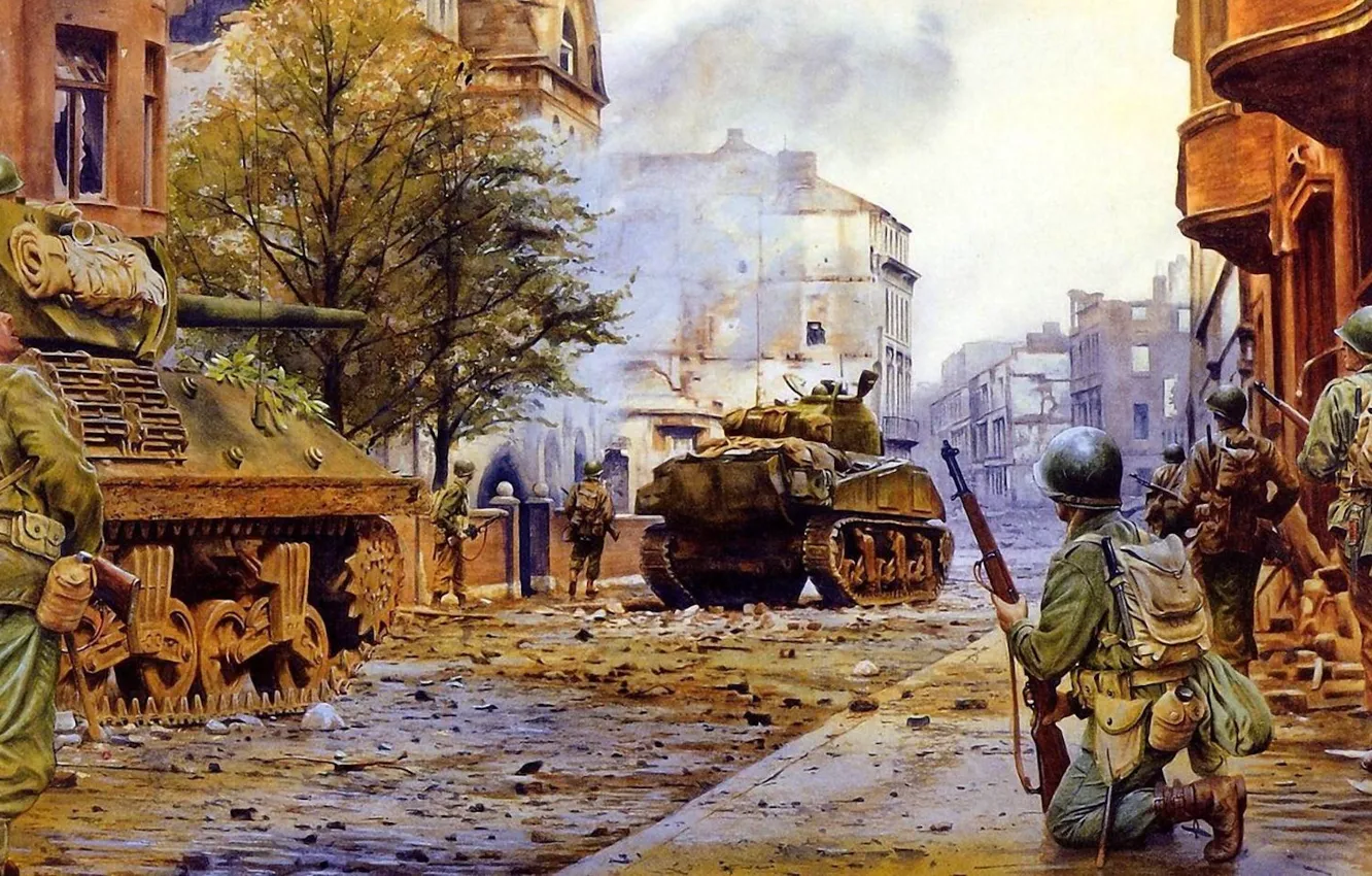 Фото обои город, война, улица, дым, здания, бой, американцы, солдаты