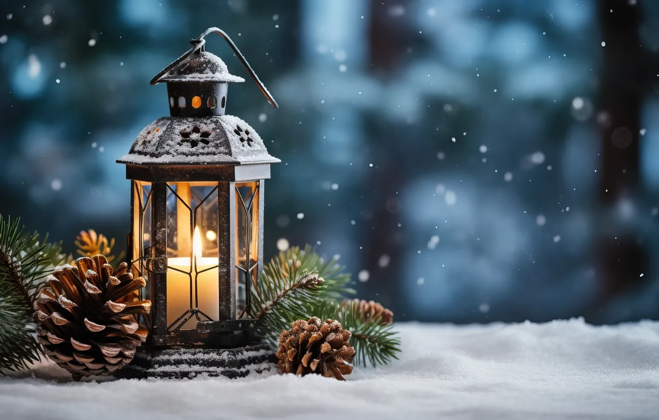 Фото обои зима, снег, ночь, Рождество, фонарь, Новый год, Christmas, night
