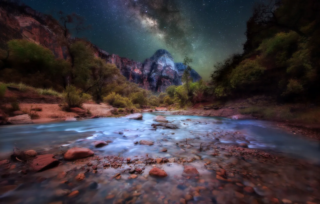 Фото обои звезды, ночь, река, камни, скалы, млечный путь, Zion National Park, Utah