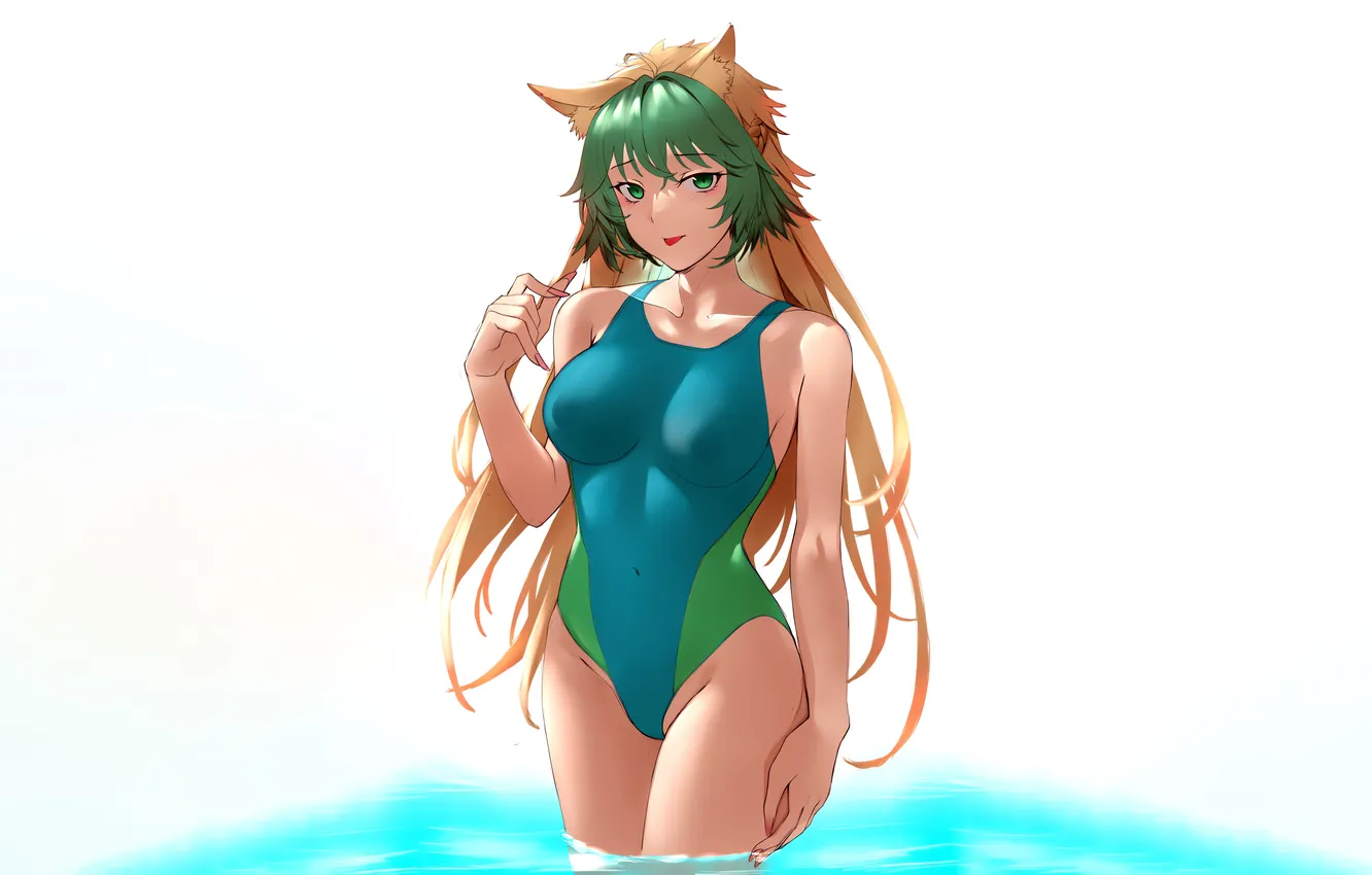 Фото обои girl, sexy, green eyes, long hair, boobs, animal ears, anime, water