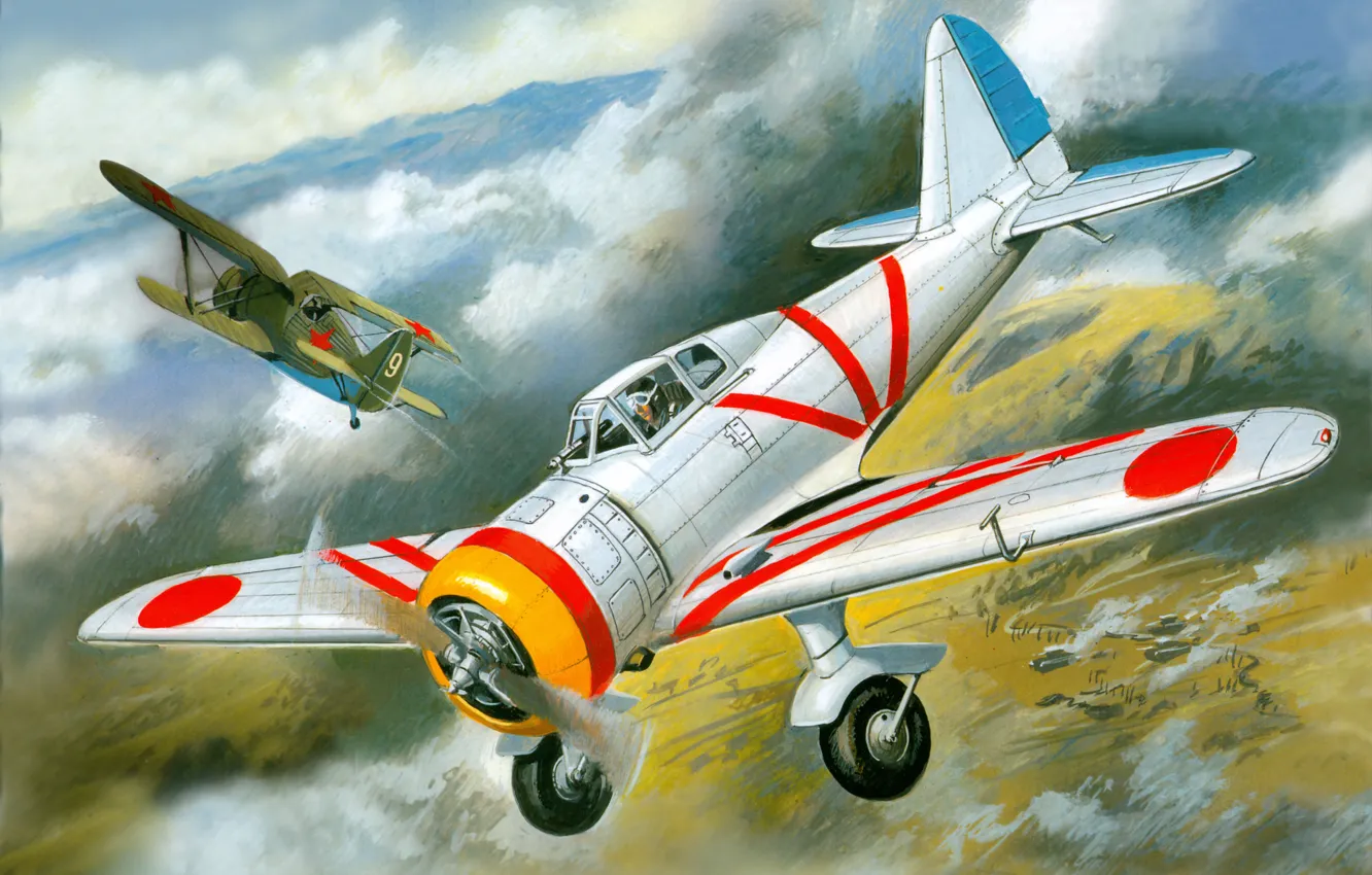 Фото обои небо, рисунок, бой, арт, воздушный, самолёты, японский, И-153