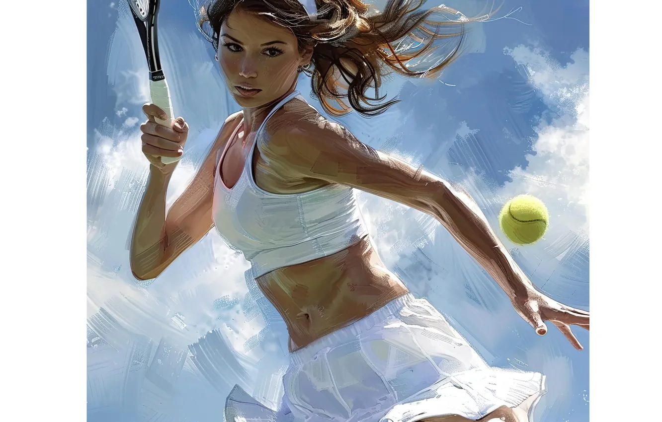 Фото обои девушка, спорт, волосы, мяч, арт, ракетка, шатенка, теннис