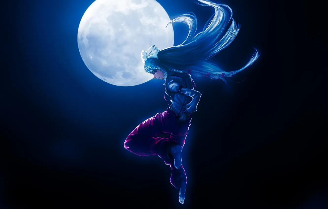 Фото обои небо, девушка, полет, ночь, луна, арт, touhou, fujiwara no mokou