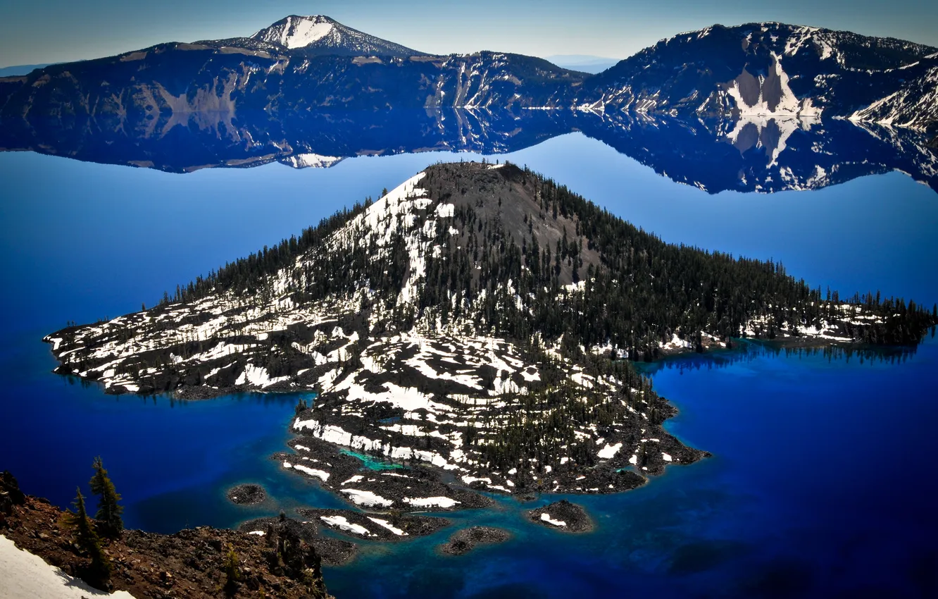 Фото обои лес, горы, озеро, Oregon, Crater Lake, кратер вулкана