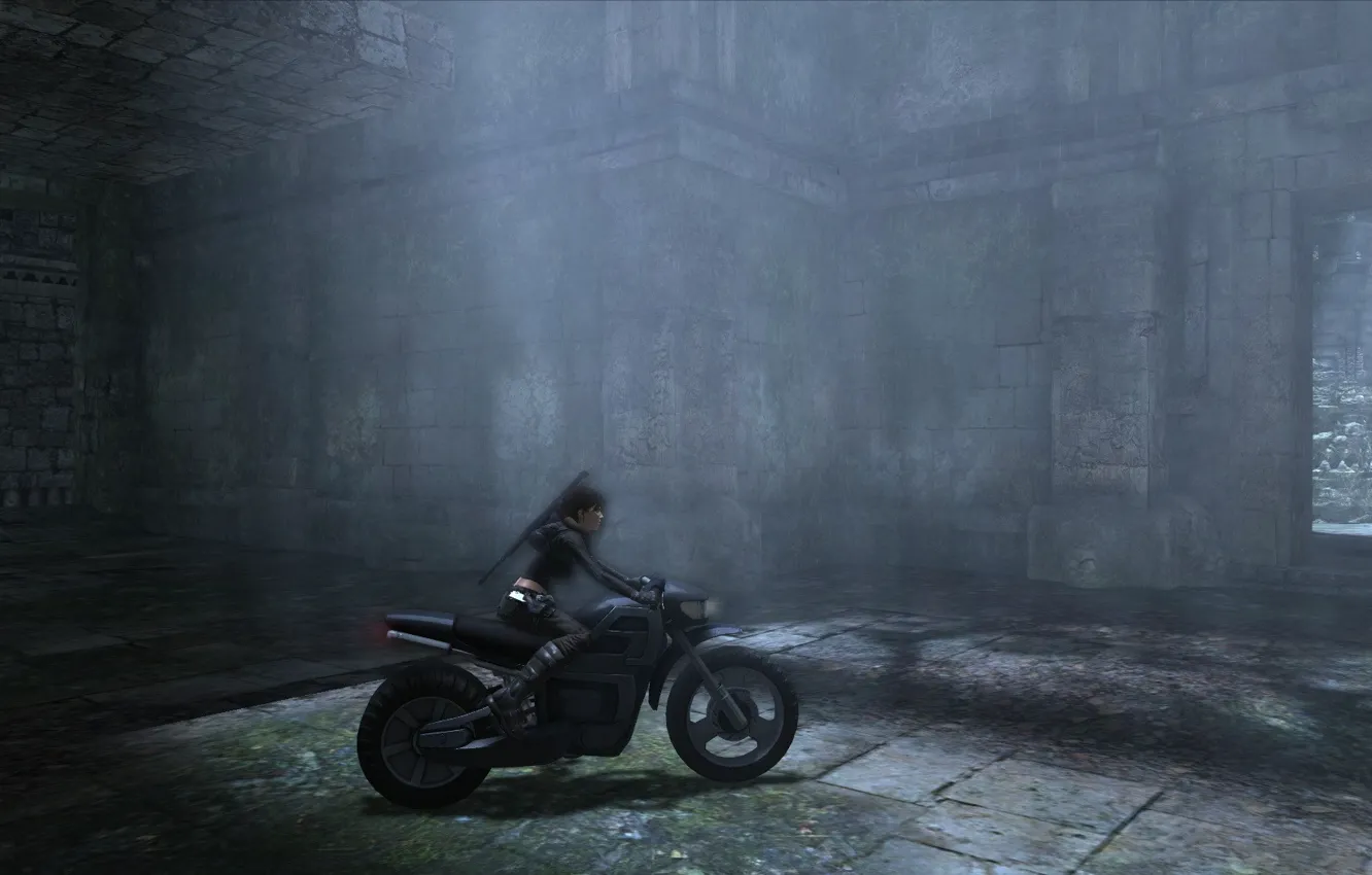 Фото обои Девушка, мотоцикл, скриншот, Tomb Raider