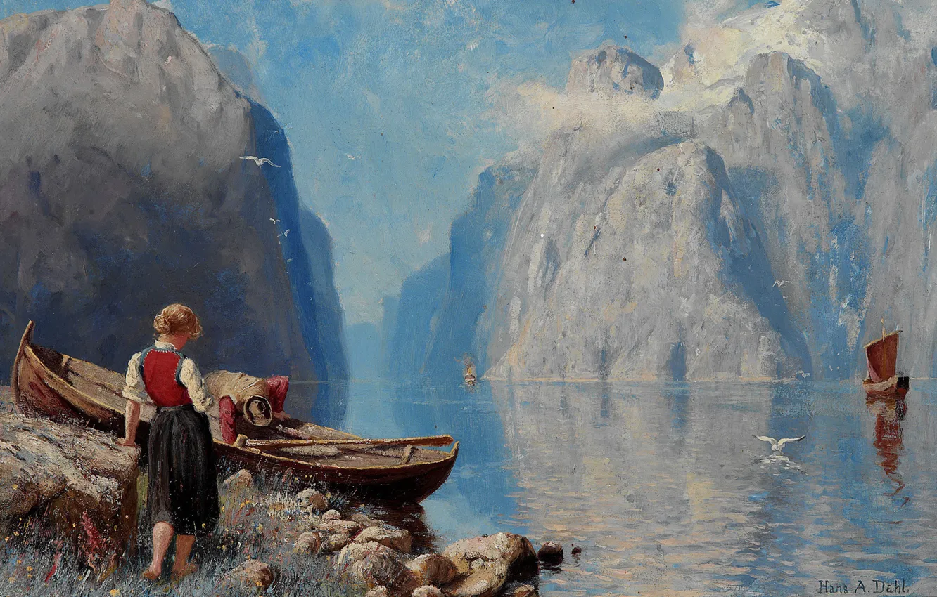 Фото обои норвежский художник, Norwegian painter, Hans Andreas Dahl, Ханс Андреас Даль, Norsk fjordlandskap, Норвежский фьорд пейзаж