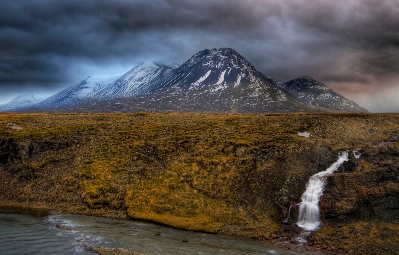 Фото обои небо, горы, тучи, река, водопад, hdr, плато