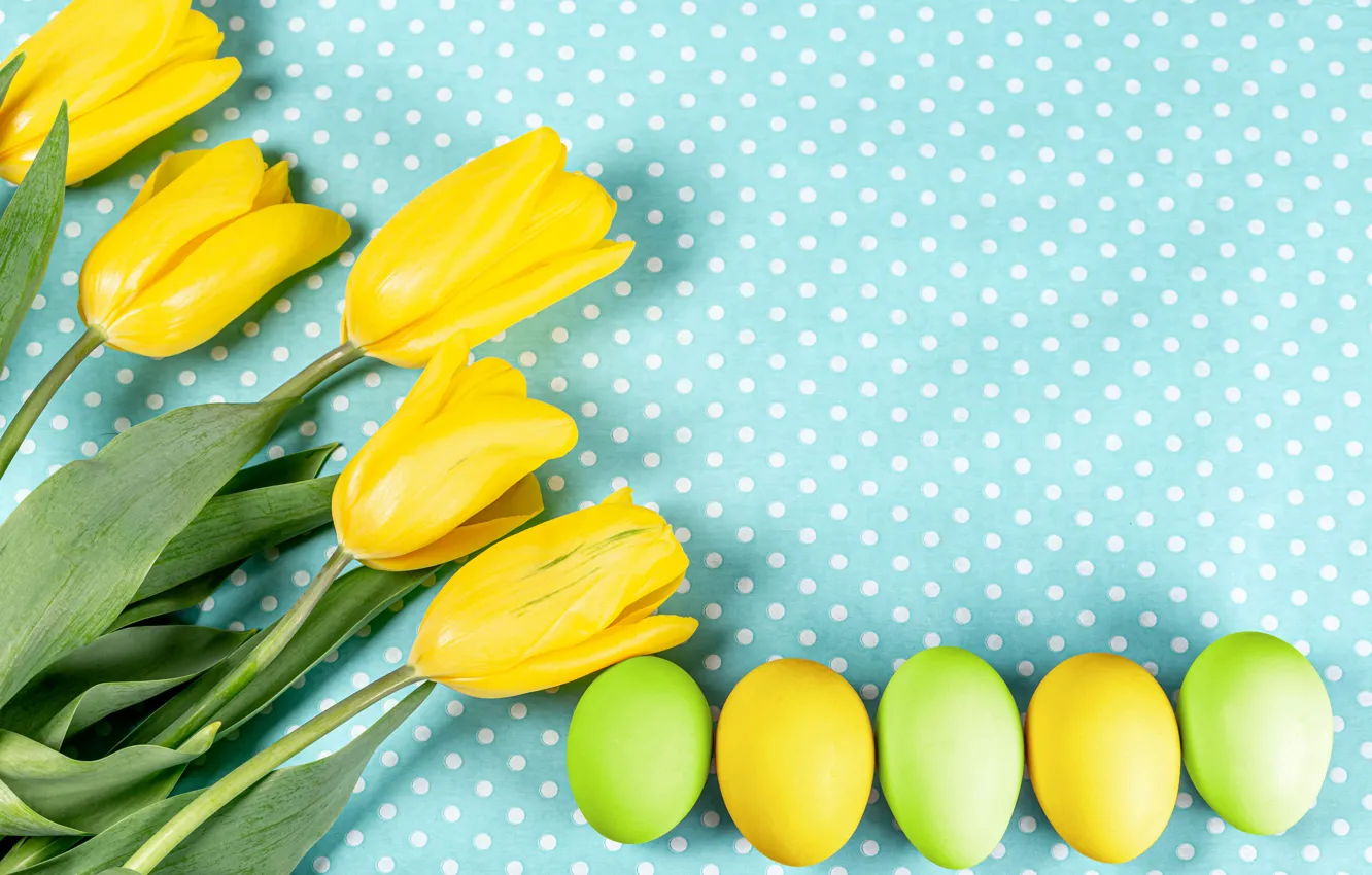 Фото обои цветы, фон, яйца, Пасха, тюльпаны, крашенки, жёлтые тюльпаны