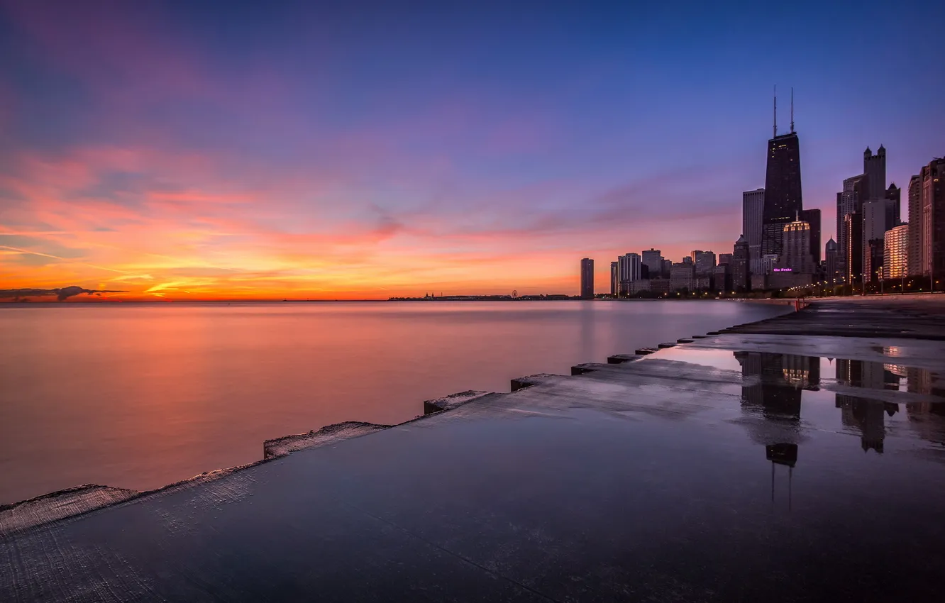 Фото обои Chicago, Illinois, water, sunrise, shore, reflection, Lake, Michigan