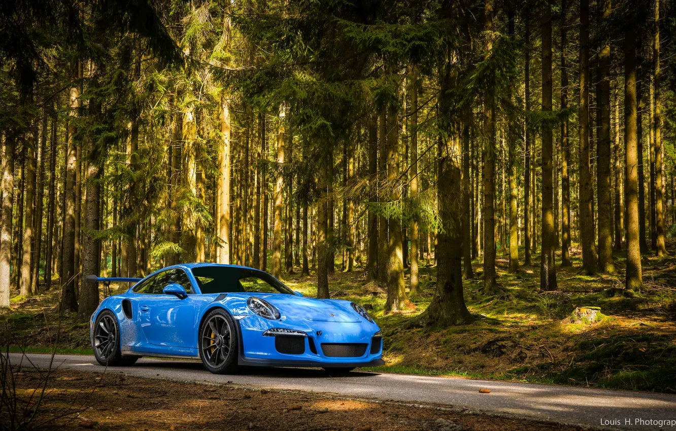 Фото обои 911, Porsche, Blue, Green, Evening, GT3 RS, Forest, VAG