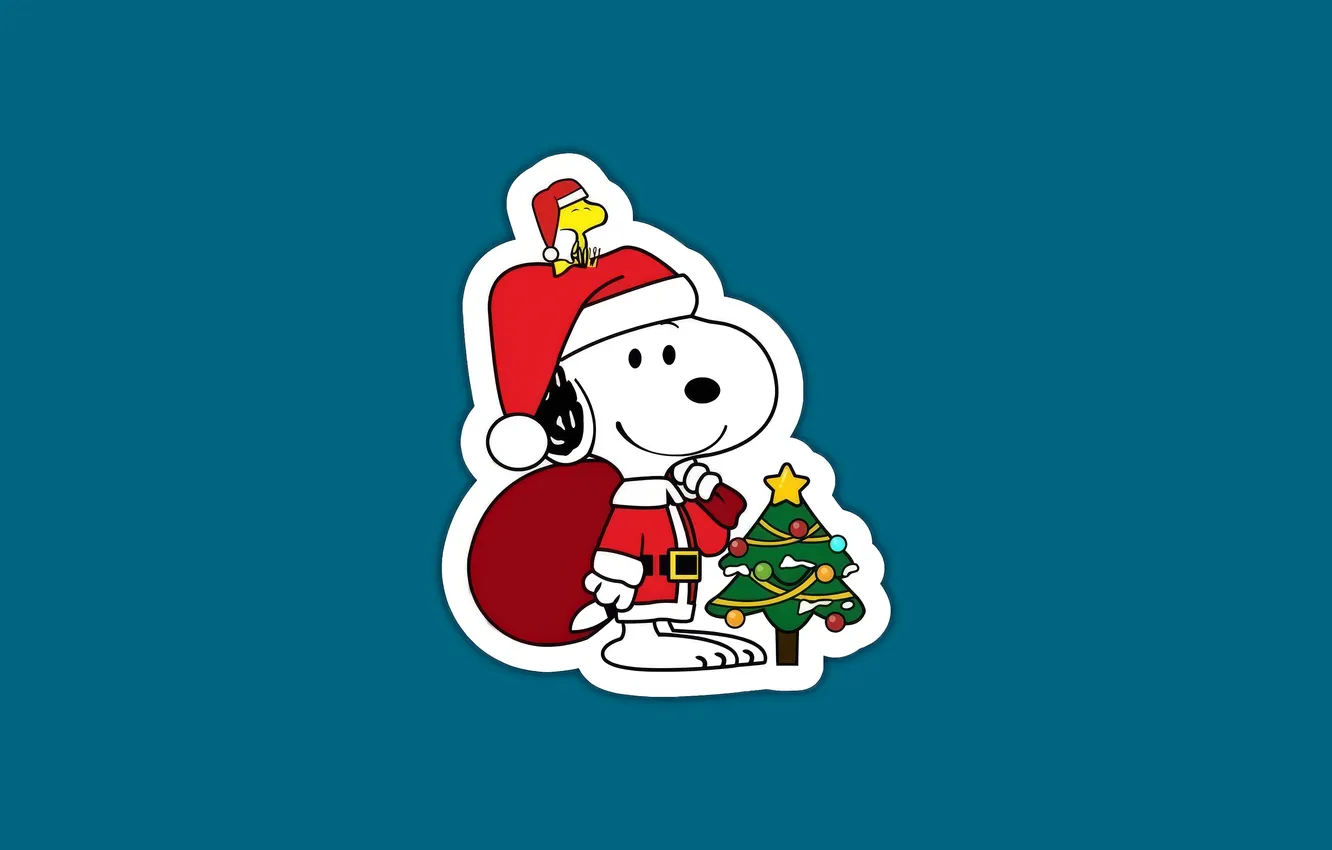 Фото обои синий фон, Blue background, Snoopy and Woodstock dressed as Santa Claus, Снупи и Вудсток в …