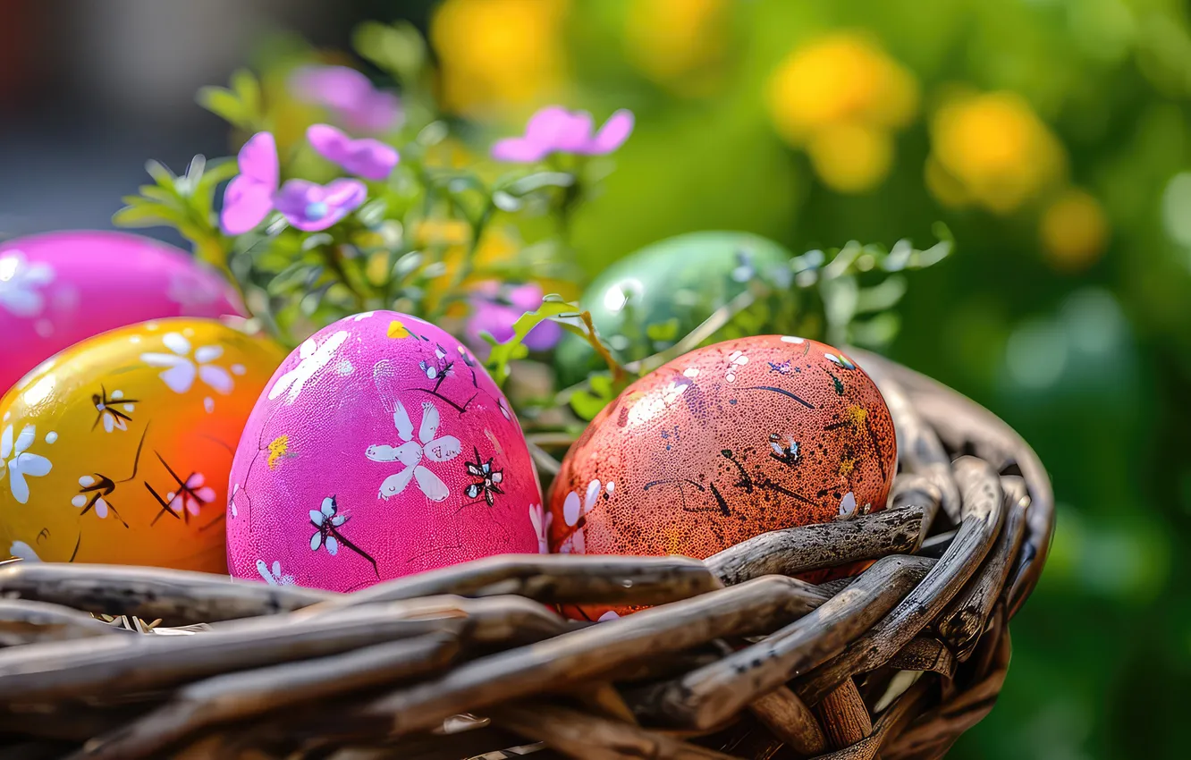 Фото обои цветы, яйца, весна, colorful, Пасха, flowers, spring, Easter