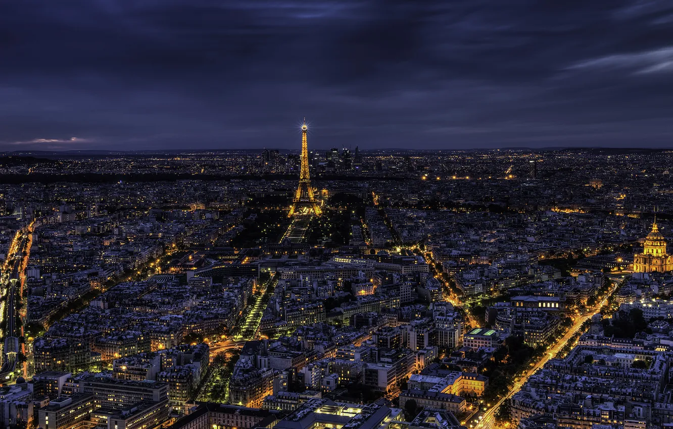 Фото обои свет, ночь, город, Франция, Париж, здания, дома, панорама